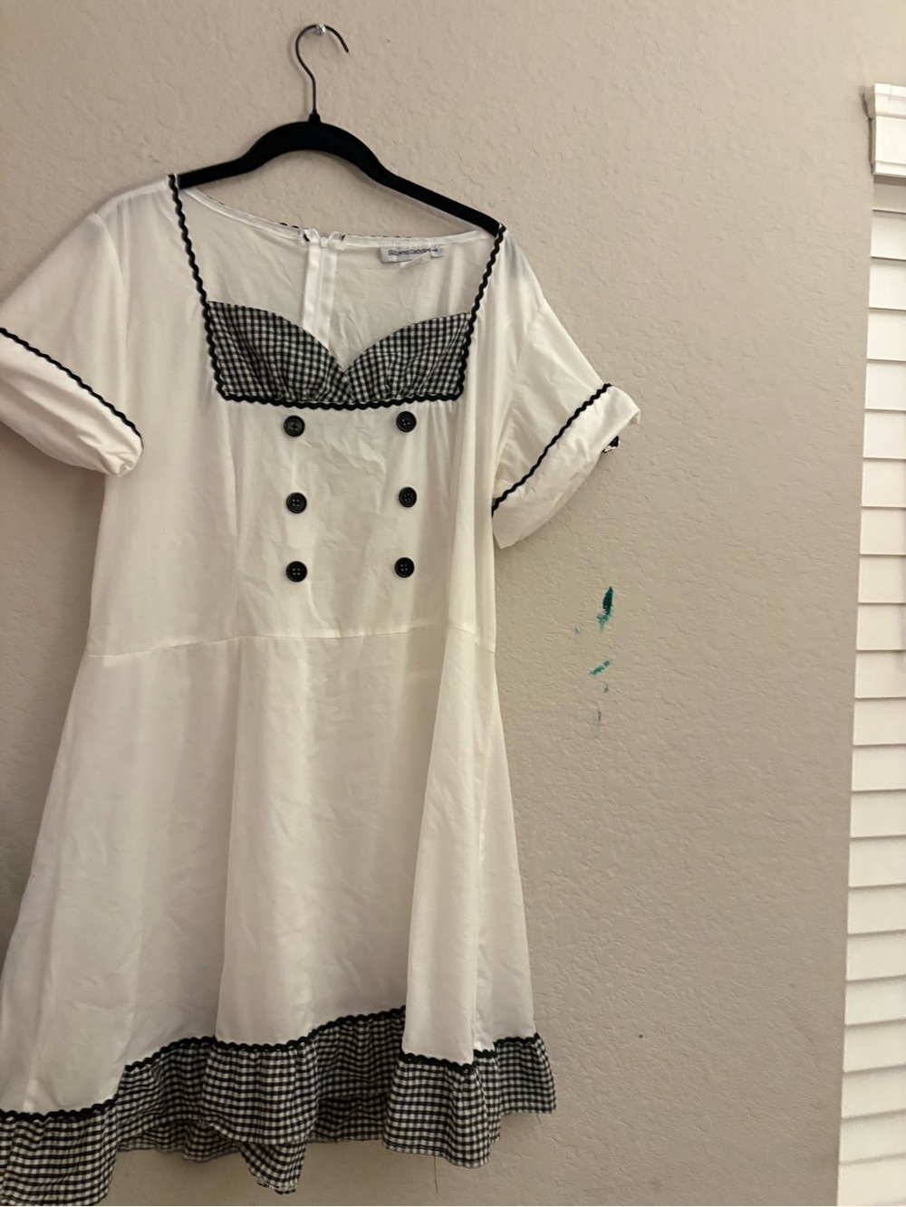 White Fit-and-Flare costume chef Dress and hat with Black Gingham Trim XL